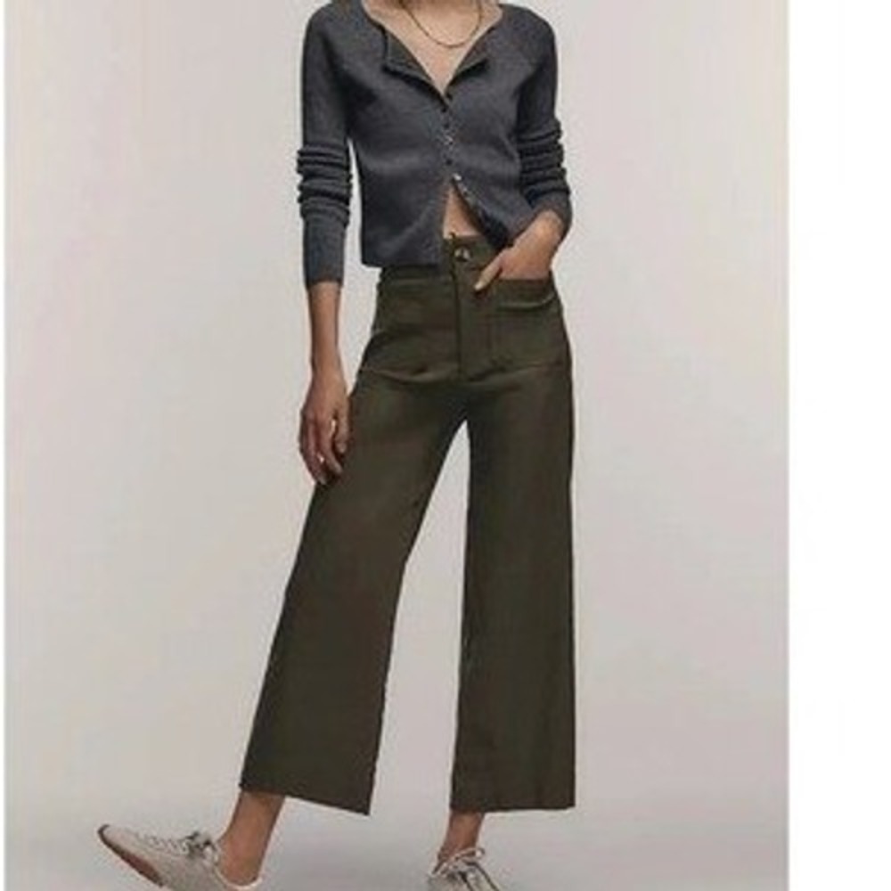 Maeve Anthropologie The Colette Wide Leg Linen Crop Pants Olive Green 33 NWT‎